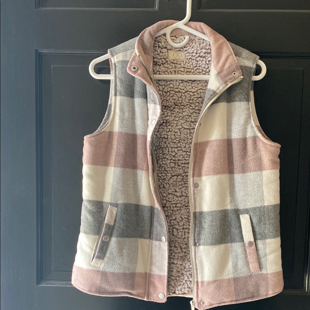 Gray and Pink Checkered Vest with Standing Collar